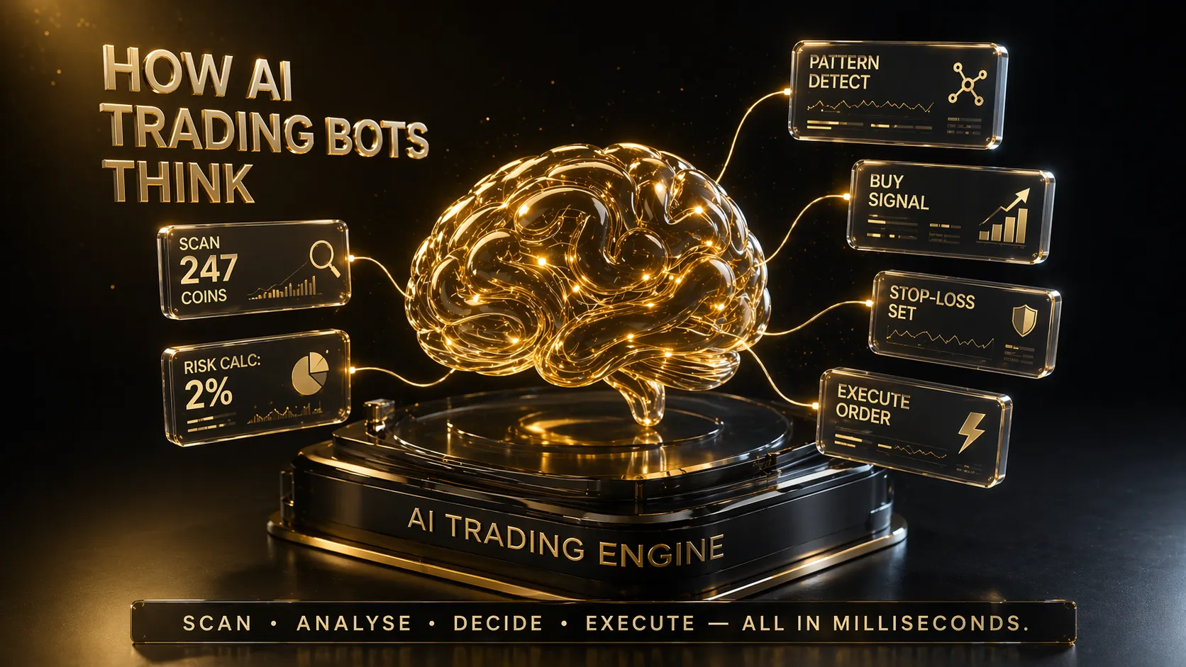 3D render of a gold AI brain with orbiting frosted glass data panels showing scan pattern risk and execute functions