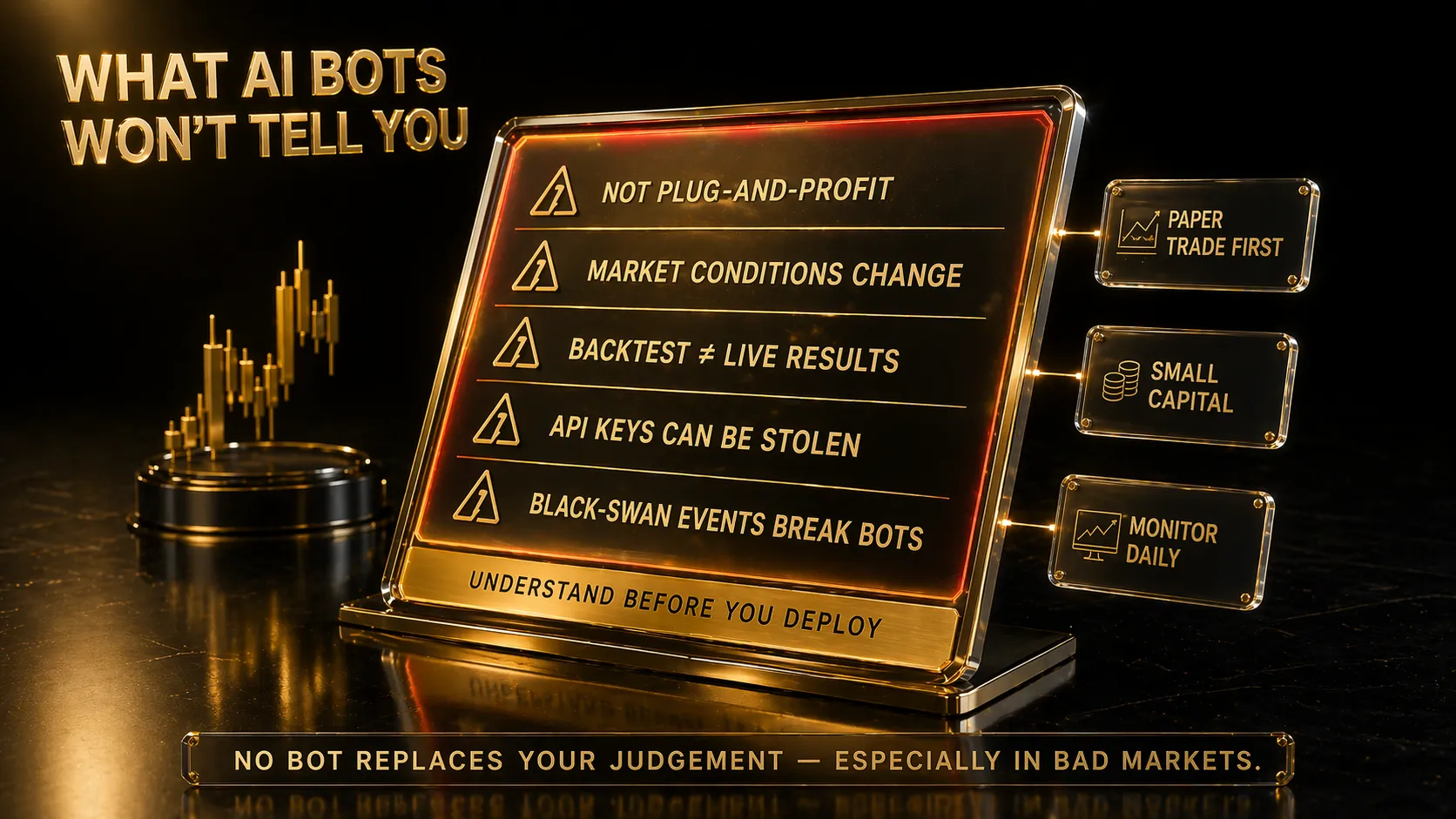 3D render of a warning panel listing five major bot risks with gold caution symbols on dark glass panel