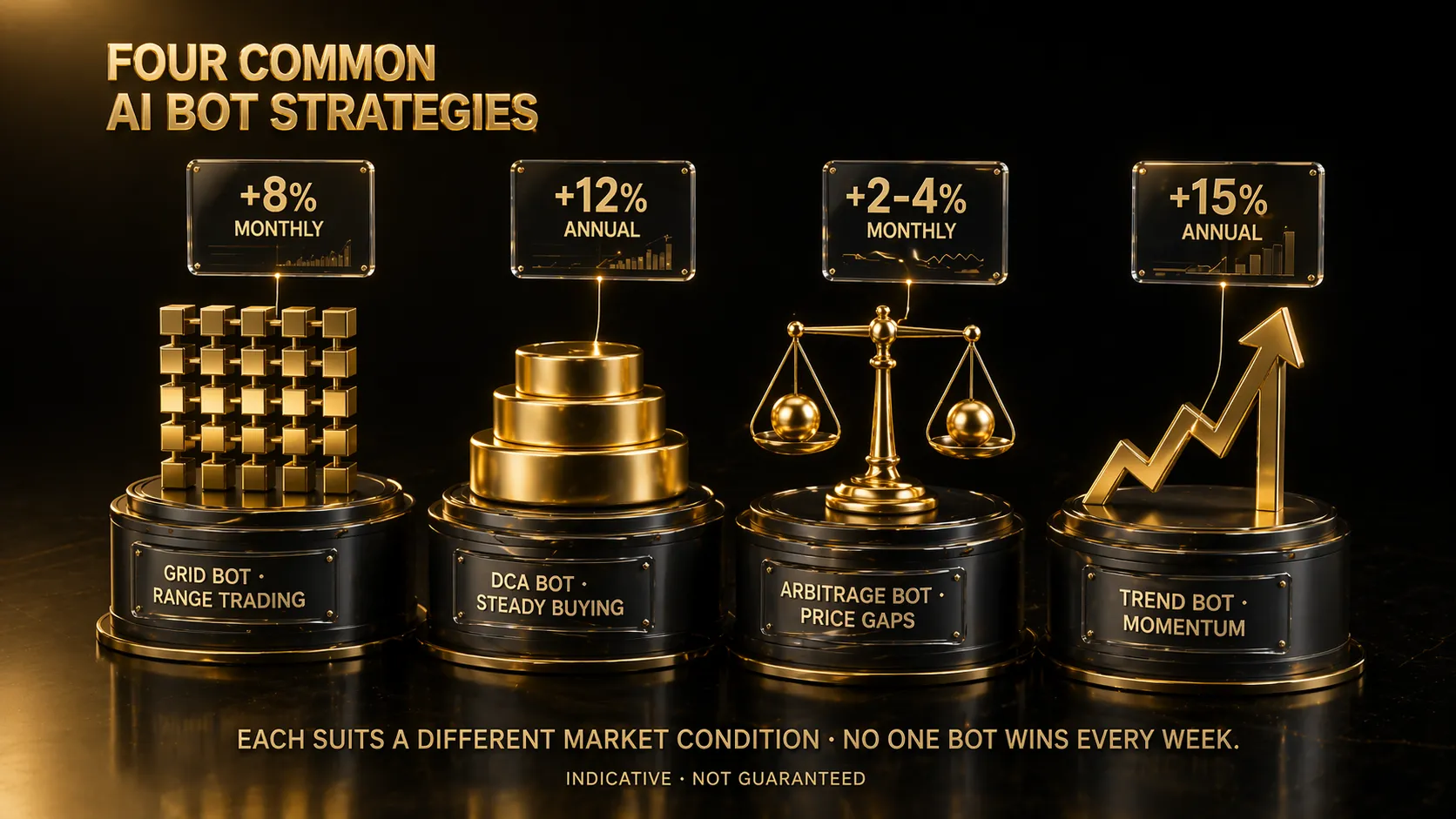 3D render of four pedestals showing grid bot DCA bot arbitrage bot and trend bot strategies with performance readouts