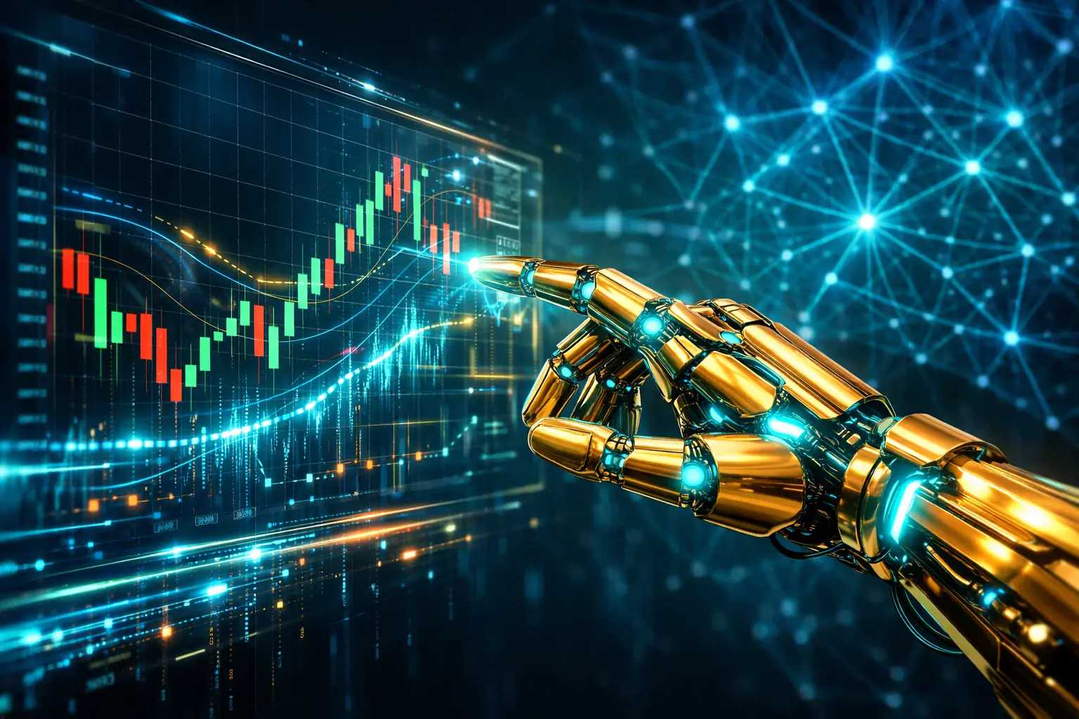 3D render of golden AI brain with orbiting data panels — AI crypto trading bots complete beginner guide
