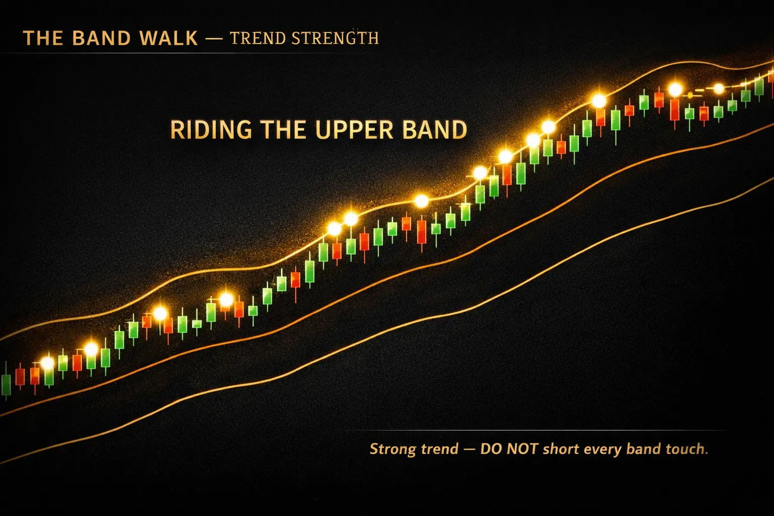 Price walking the upper Bollinger Band during strong uptrend — trend following pattern