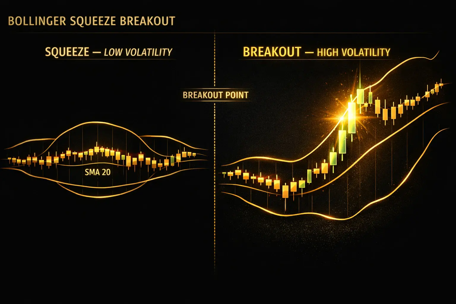 Bollinger Band squeeze followed by breakout — volatility compression and expansion pattern