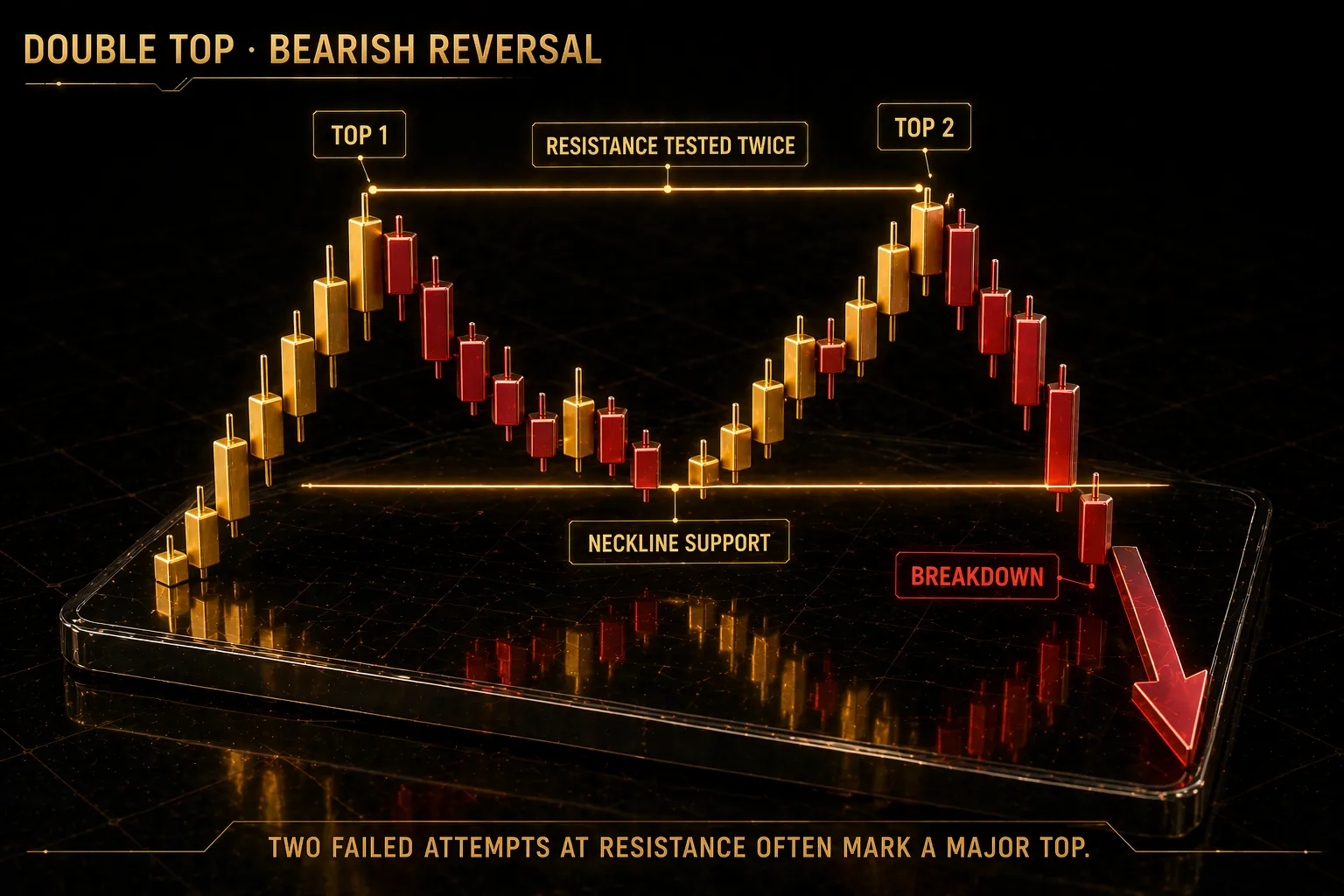3D render of isometric candlestick chart showing double top pattern with two peaks at similar height and neckline support breakdown