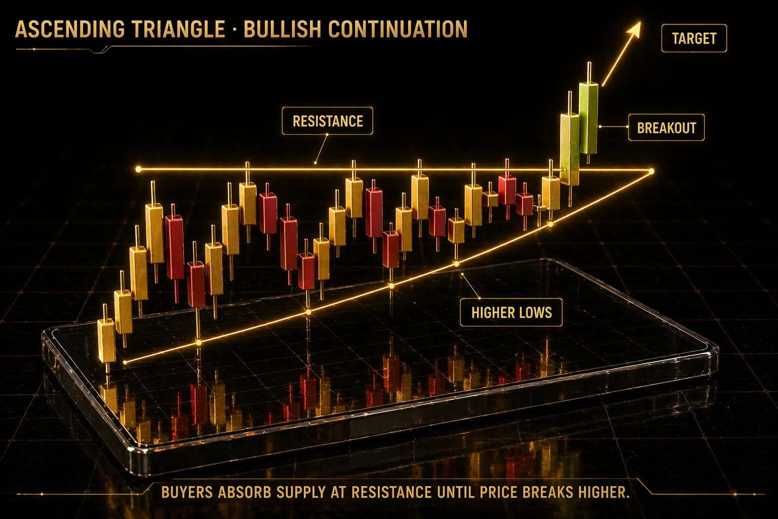 3D render of isometric candlestick chart showing ascending triangle with flat resistance rising support line and breakout above