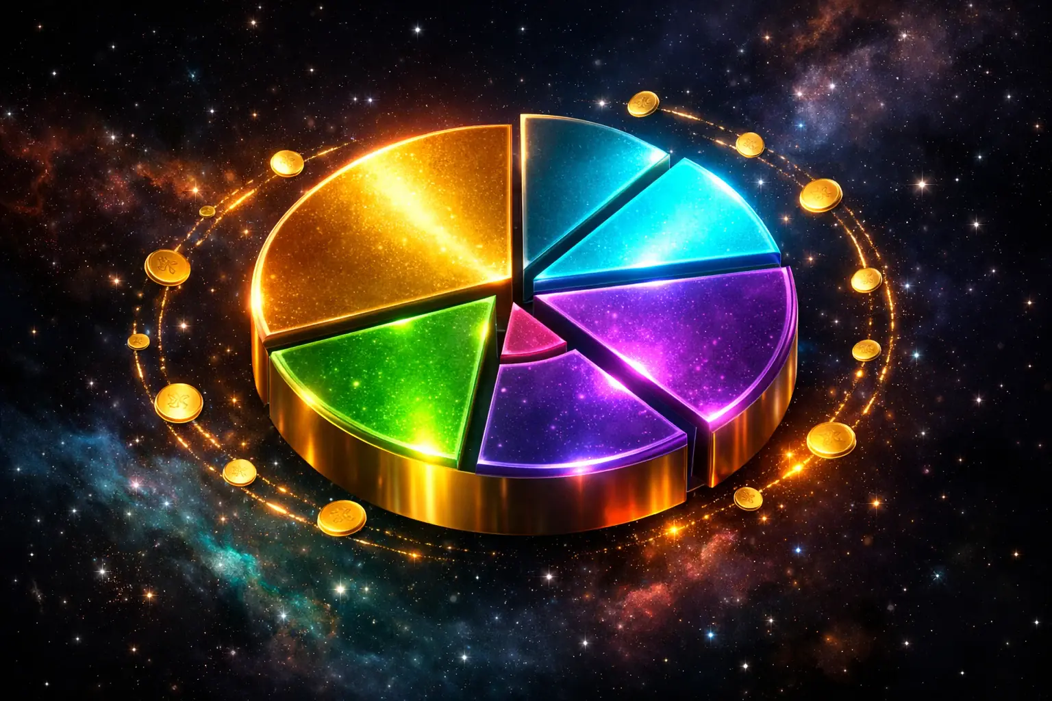 Golden 3D donut chart showing crypto portfolio allocation with balanced segments — portfolio management beginner guide