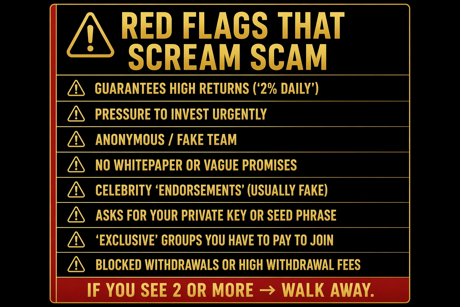 Eight crypto scam red flags checklist including guaranteed returns urgent pressure anonymous team no whitepaper celebrity endorsements private key requests exclusive paid groups and blocked withdrawals