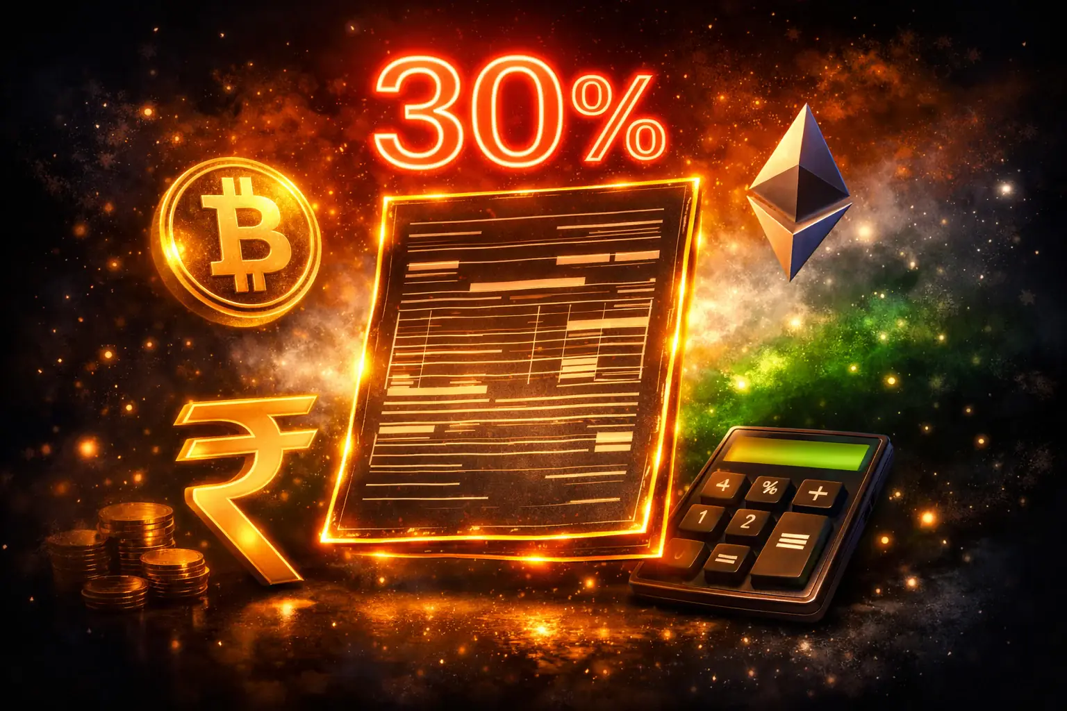 3D render of golden tax calculation panel with 30% and 4% cess highlighted — India crypto tax complete guide