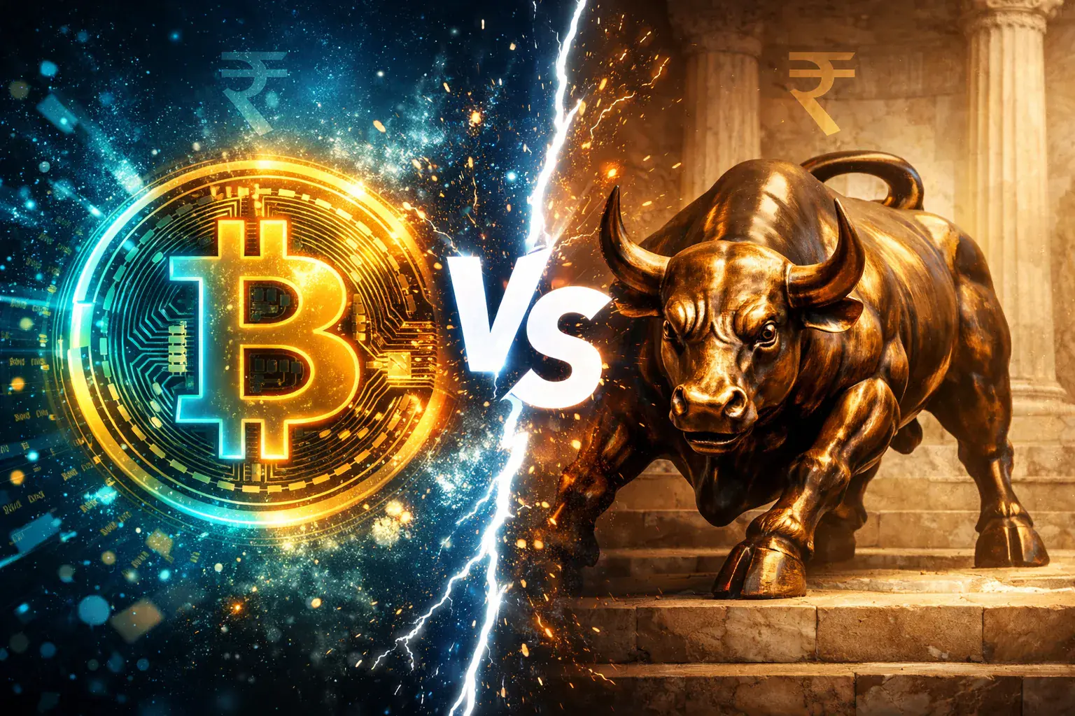3D render of two premium comparison pillars showing crypto market vs Indian stock market key facts