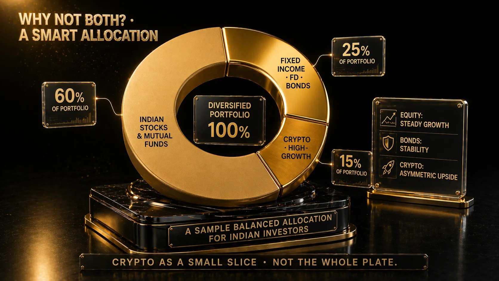 3D render of gold torus split into three segments showing stocks mutual funds fixed income and crypto allocation for Indian investor