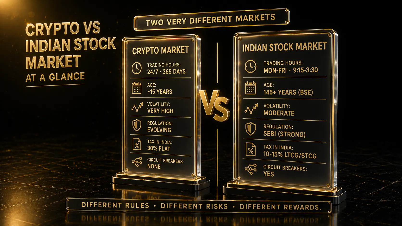 3D render of two tall pillars comparing crypto market vs Indian stock market showing hours age volatility regulation tax