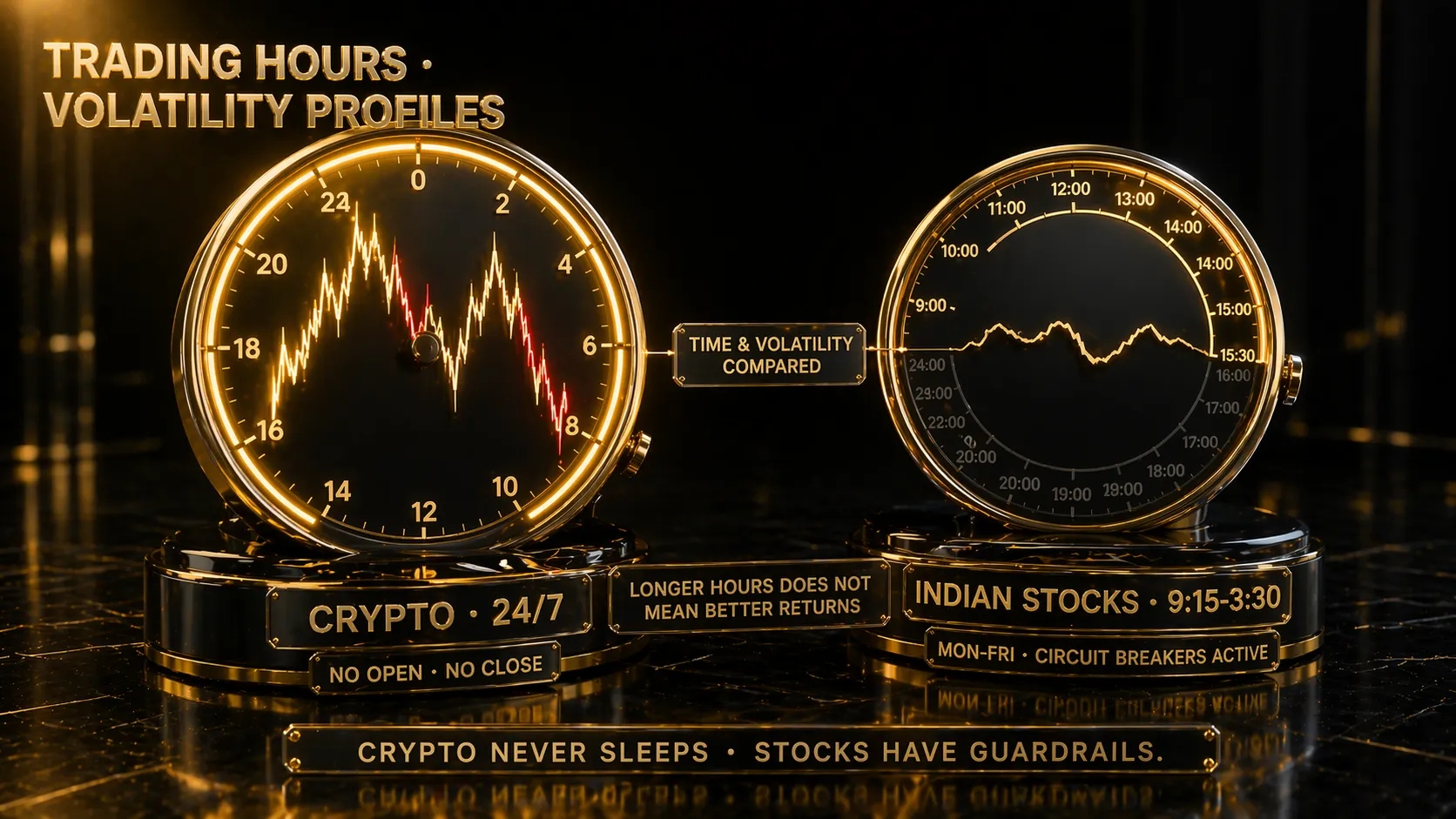 3D render of two circular risk meters comparing crypto 24/7 volatility to Indian stocks 9:15-3:30 calmer movement