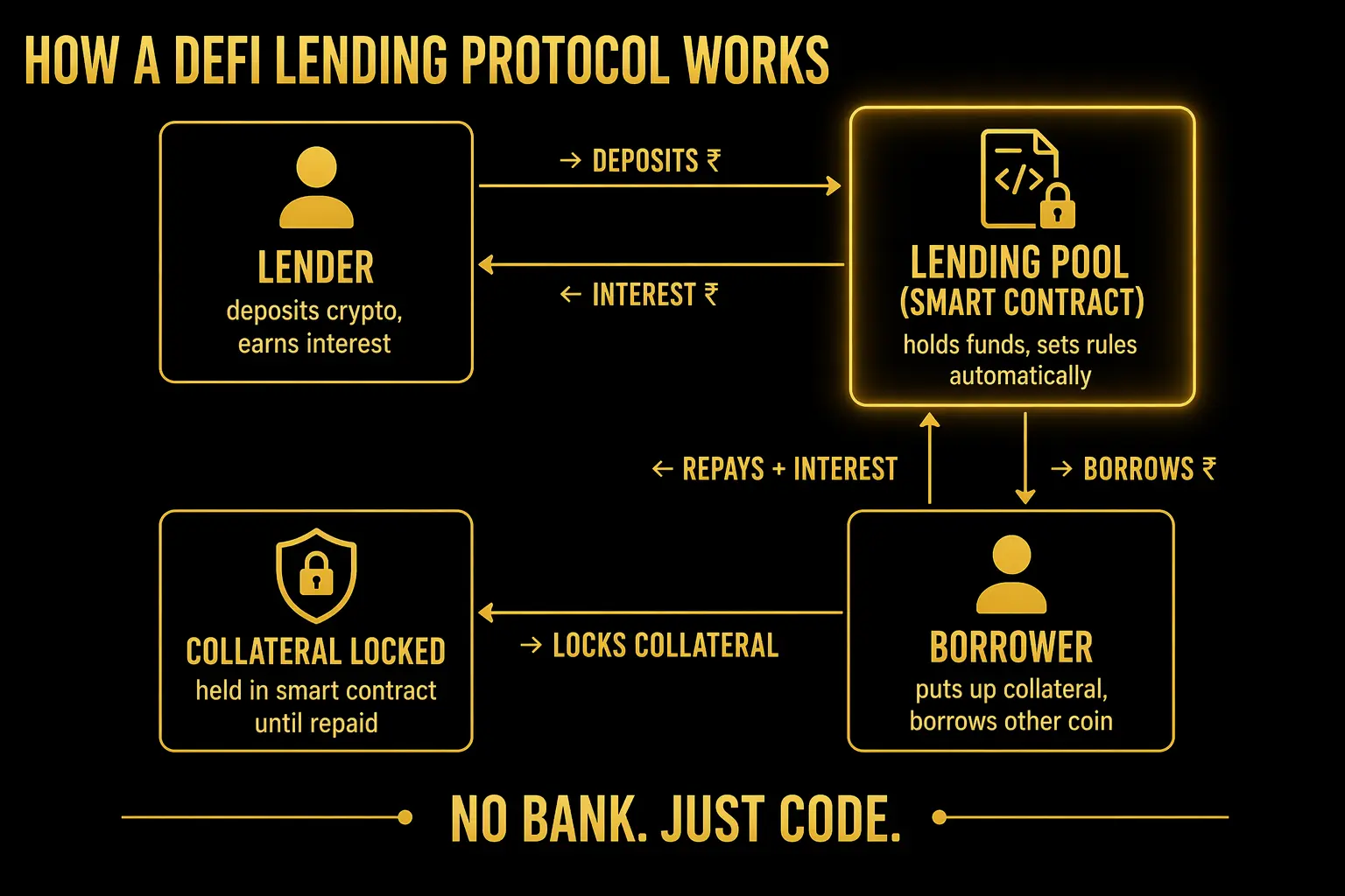 Defi ecosystem map showing six building blocks including dexs lending staking stablecoins yield farming and derivatives