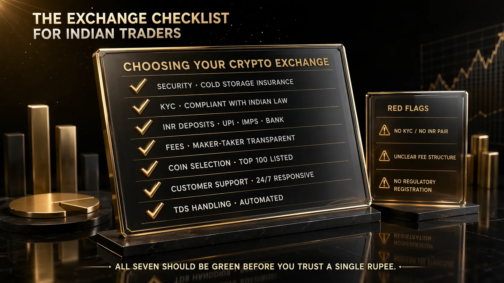 3D render of evaluation checklist panel with seven golden checkmarks showing security KYC INR deposits fees coin selection support and TDS