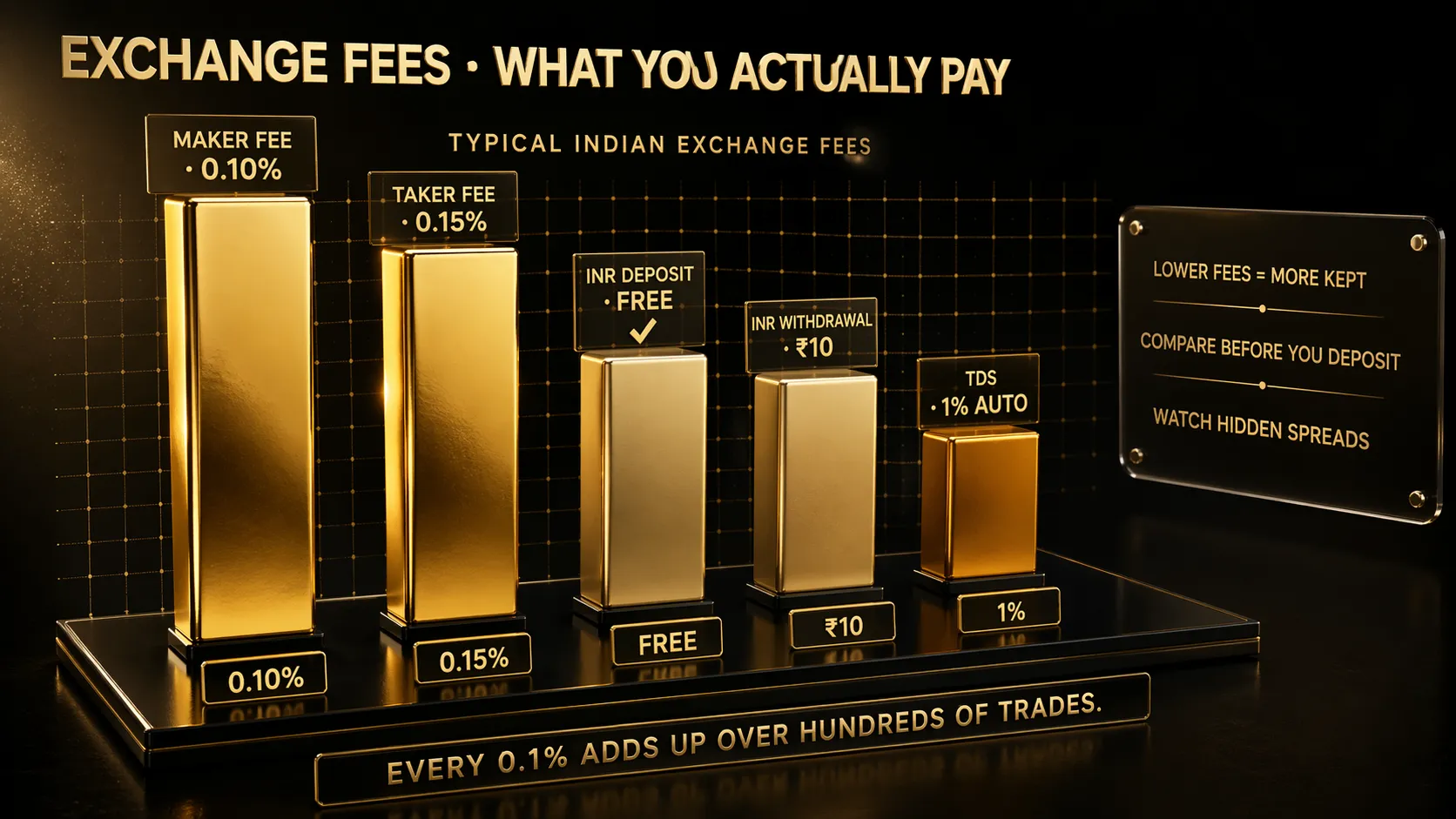 3D render of five gold bar pillars showing typical exchange fees including maker taker INR deposit withdrawal and TDS