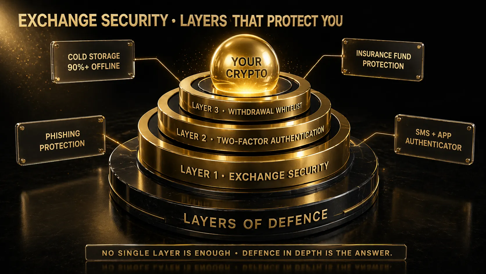 3D render of multi-layered gold security vault showing exchange security layers 2FA withdrawal whitelist and crypto core protection