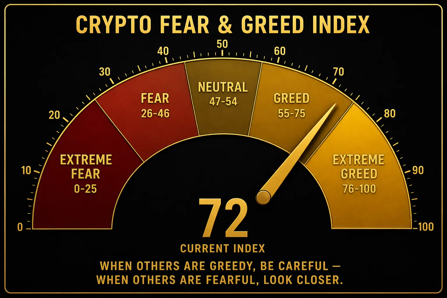 Crypto fear and greed index gauge dial showing current reading of 72 in greed zone with colour coded segments