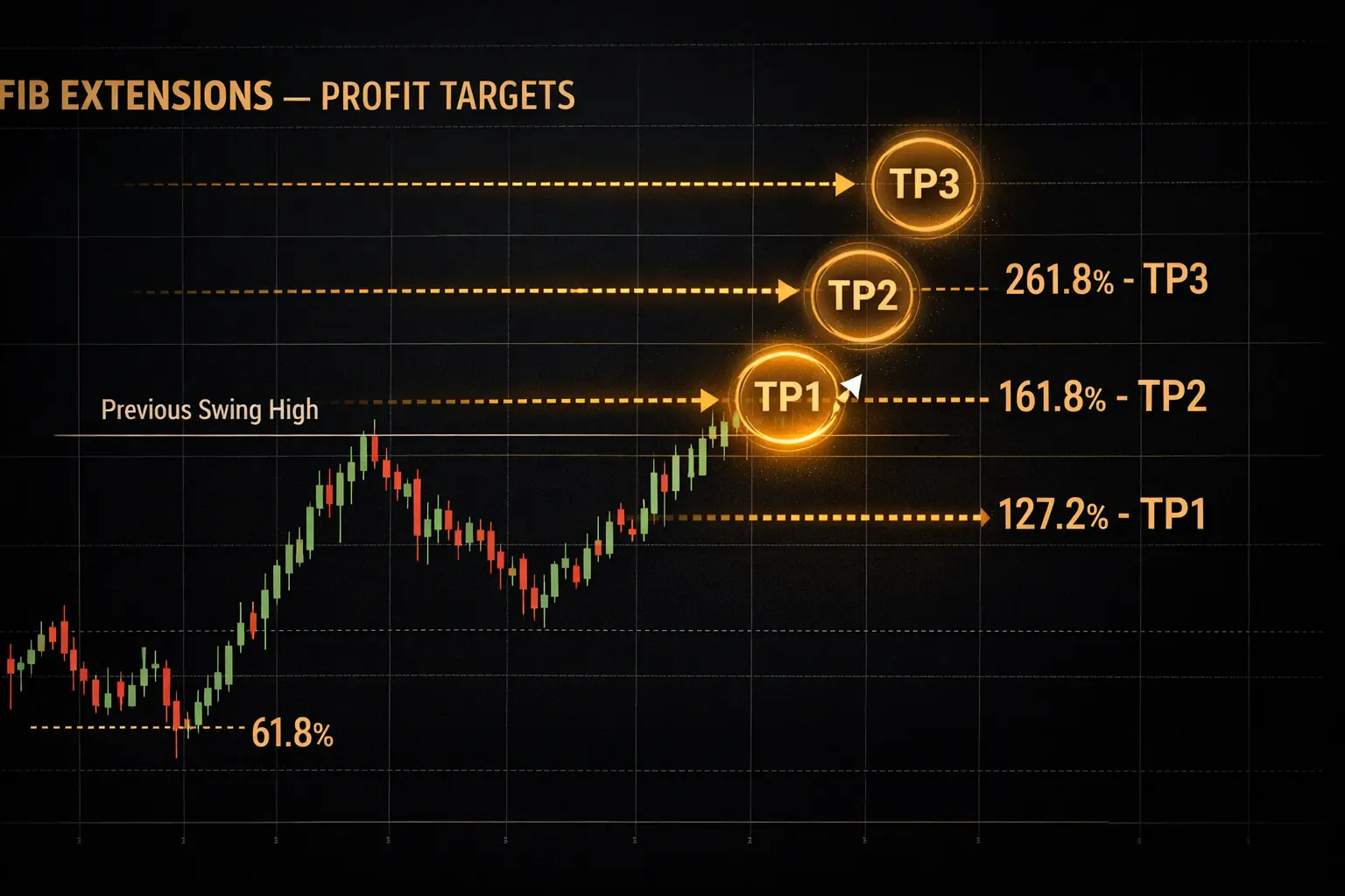 Fibonacci extension levels 127.2 161.8 261.8 as profit targets in continuation trade