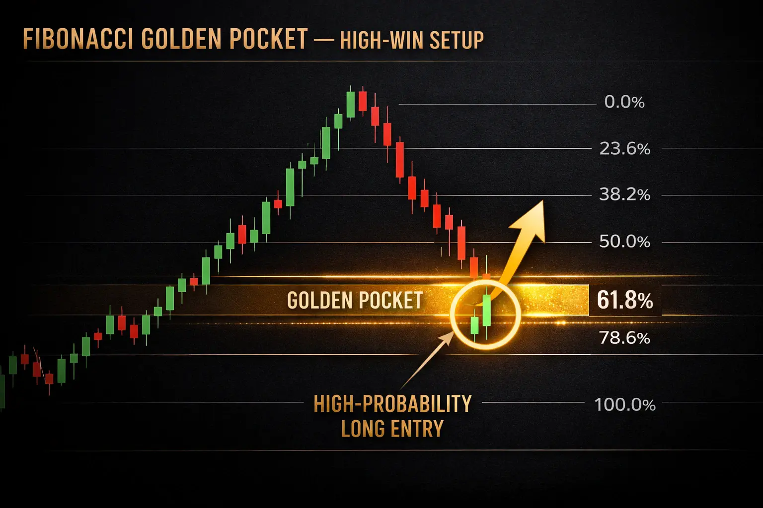 Price bouncing from Fibonacci golden pocket 61.8 to 78.6 percent retracement zone