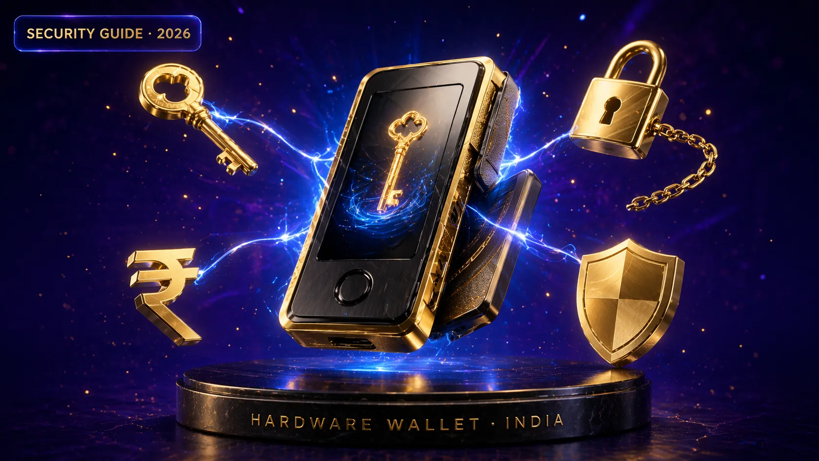 3D render of premium hardware wallet device on obsidian pedestal with key shield and lock icons — complete India security guide