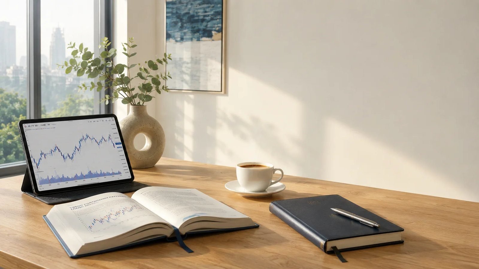 Trading study setup — book, tablet, and coffee