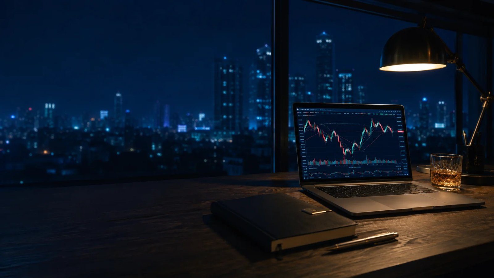 Premium trader's workspace at night with Mumbai skyline