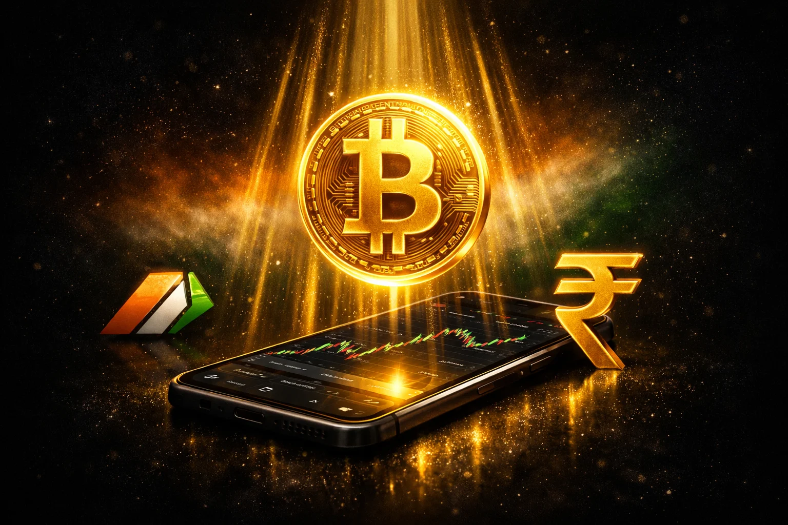 Golden Bitcoin hovering above an Indian smartphone showing a trading app with rupee symbol and Indian tricolor — how to buy Bitcoin in India 2026