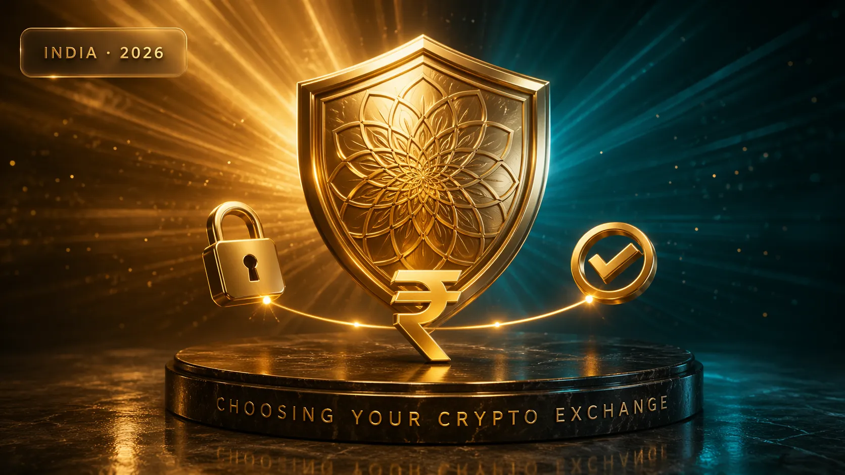 3D render of golden checklist panel with seven exchange evaluation criteria — complete guide to choosing crypto exchange in India