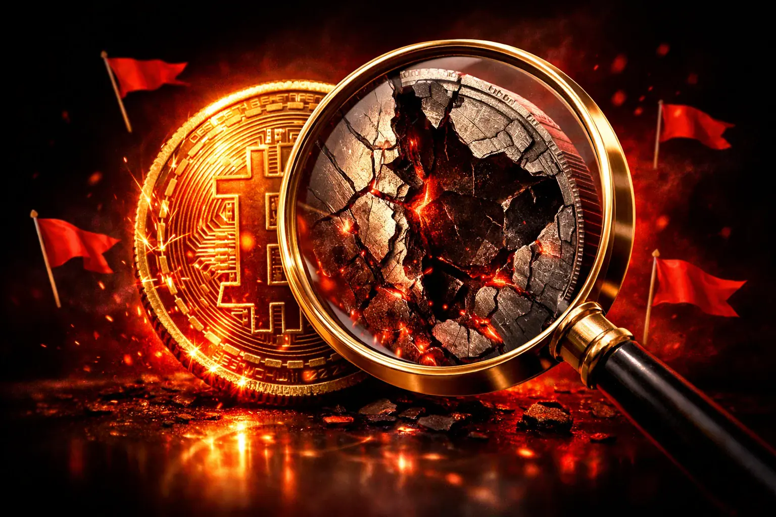 Golden warning shield with scam red flags over dark network background — crypto scam detection beginner guide