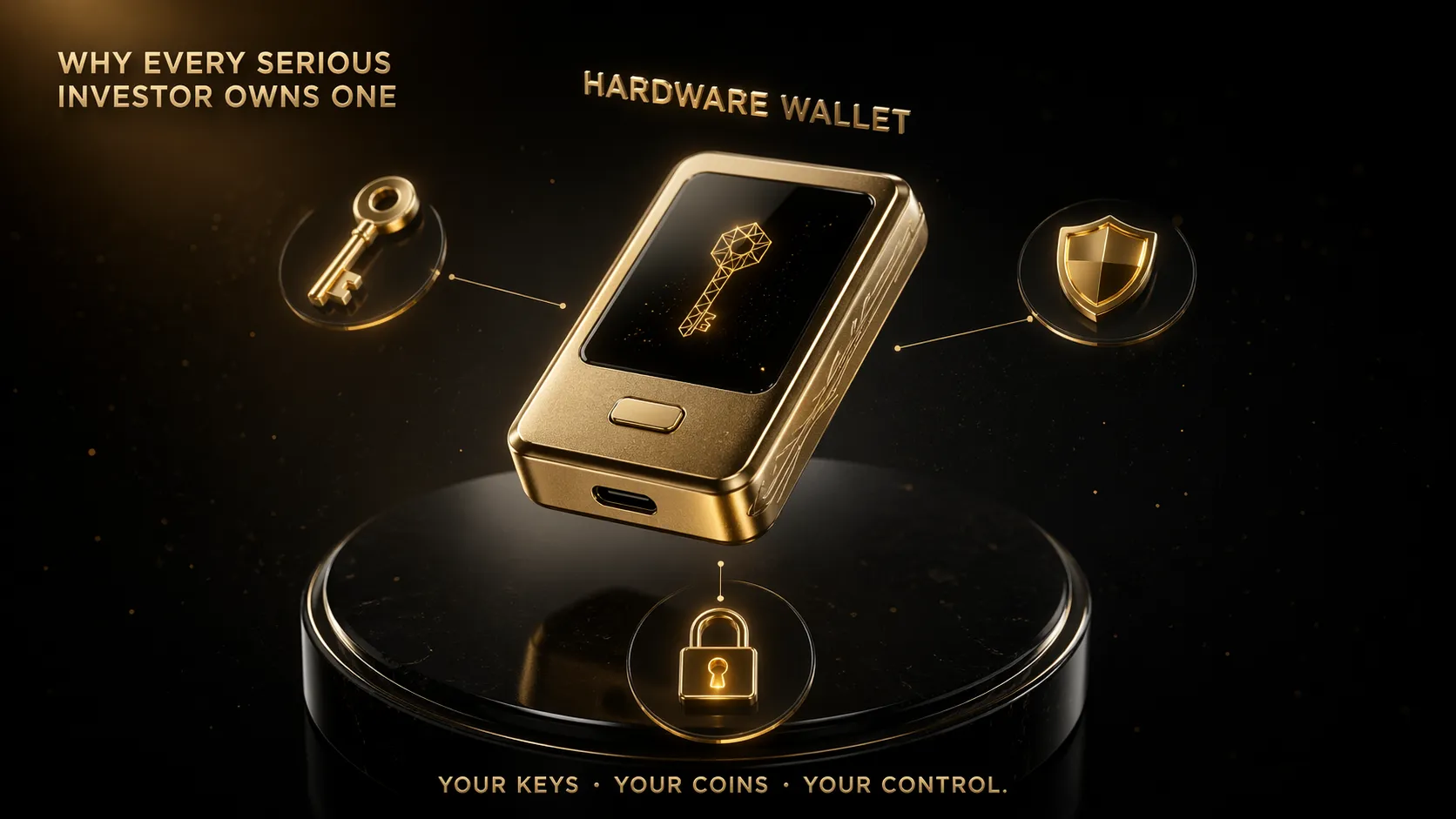 3D render of premium gold hardware wallet device floating on dark pedestal with key shield and lock icons