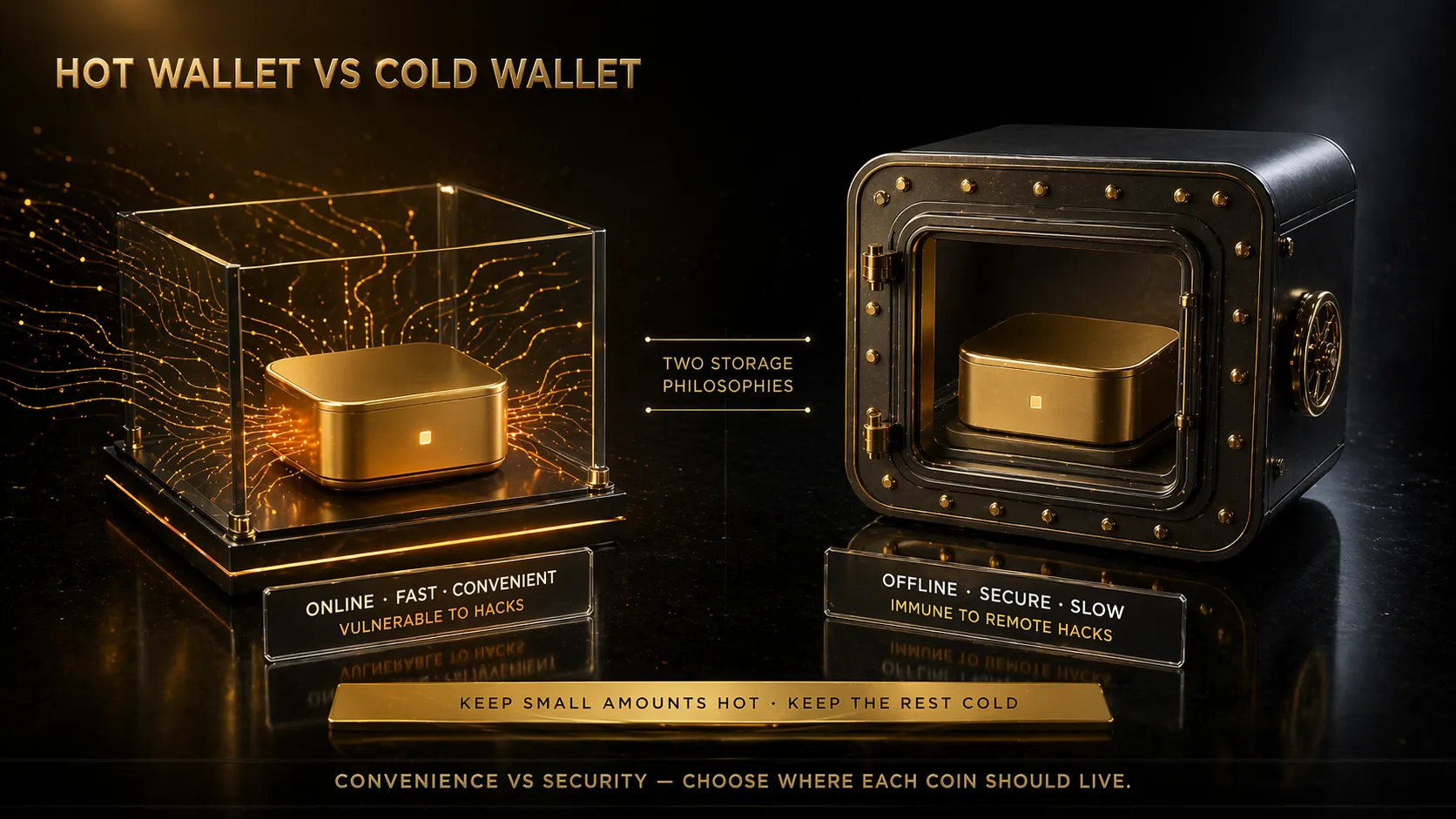 3D render comparing hot wallet exchange with open glass case and data streams vs cold wallet hardware with sealed gold vault