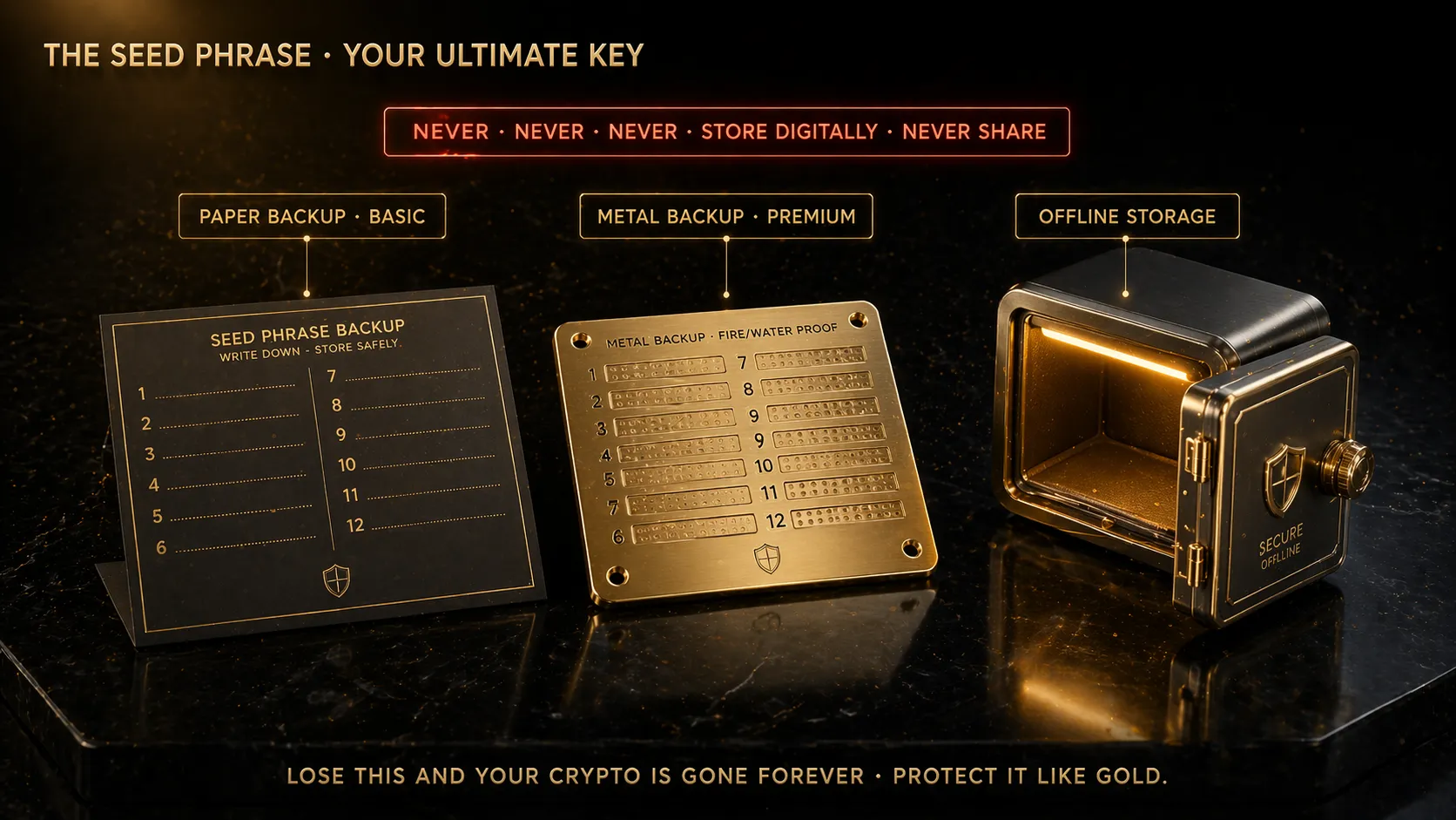 3D render of seed phrase backup options including paper card metal plate and gold safe box with warning labels