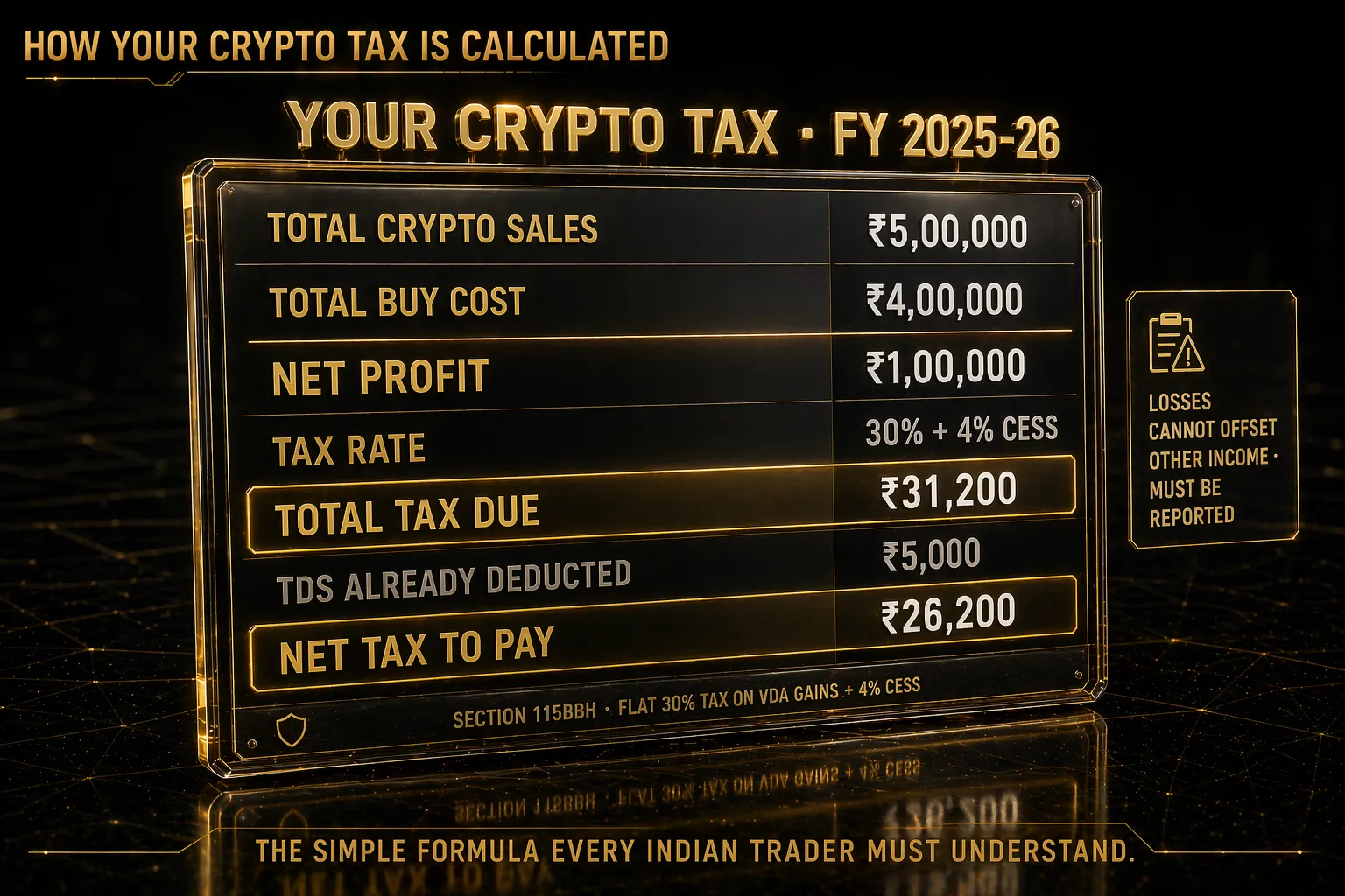 3D render of crypto tax calculation panel showing sales cost profit tax rate total tax TDS and net tax payable breakdown