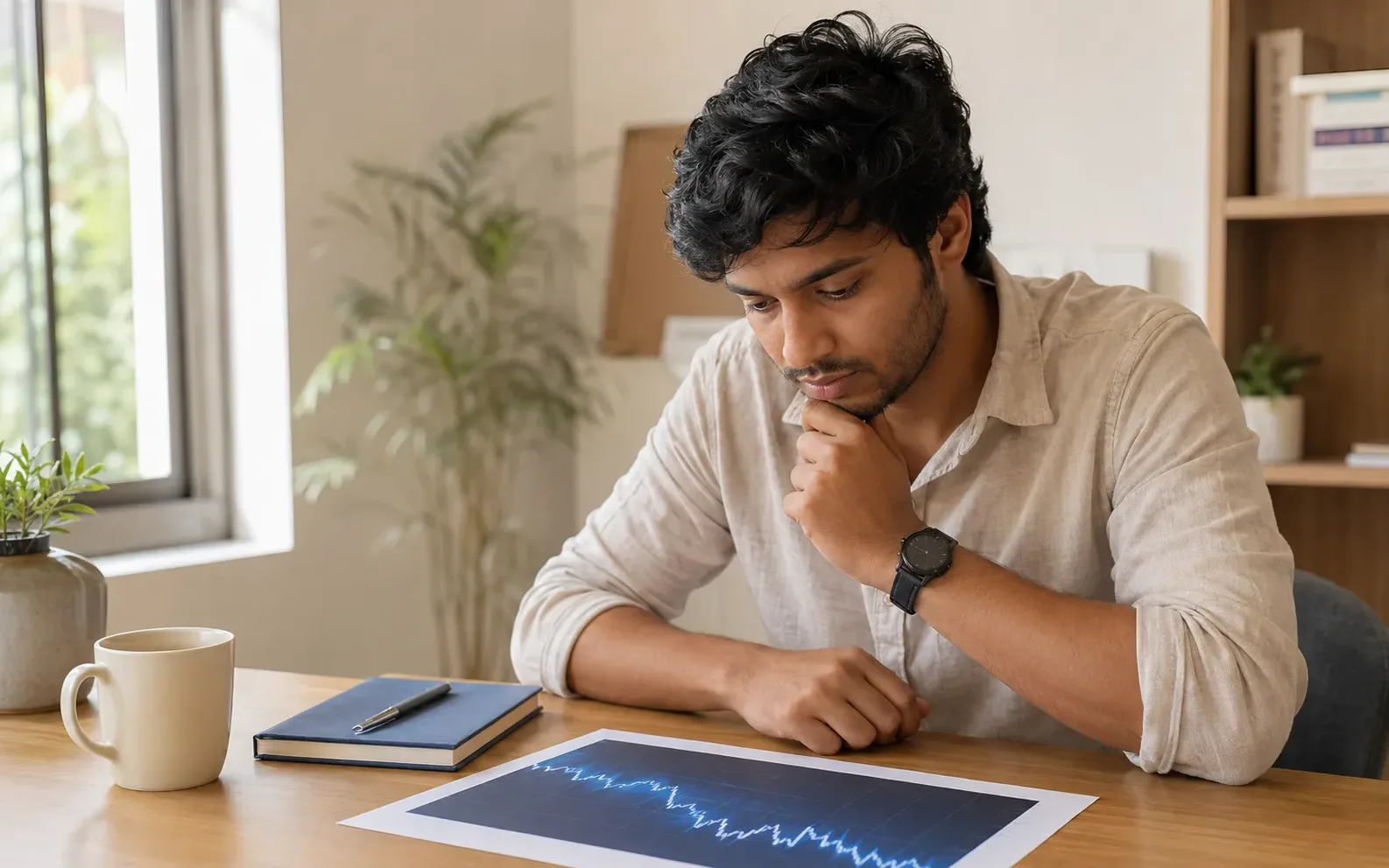 A calm Indian trader looking thoughtfully at a falling crypto chart, resisting the urge to call the exact bottom