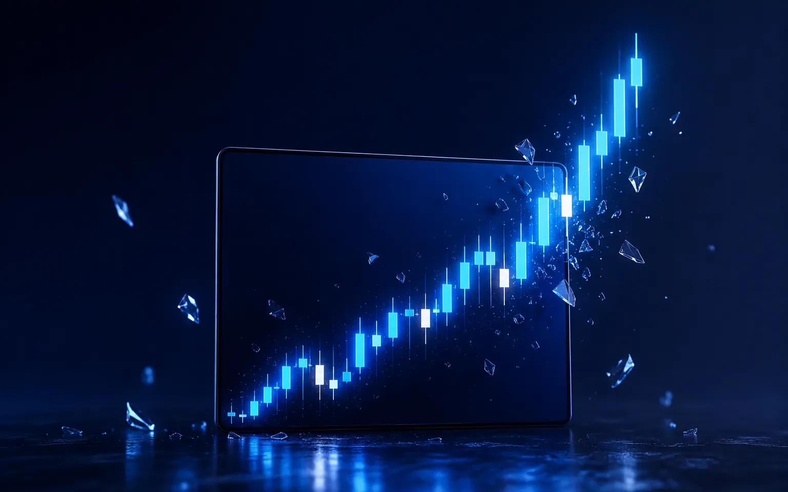 3D blue candlestick uptrend bursting out of a screen