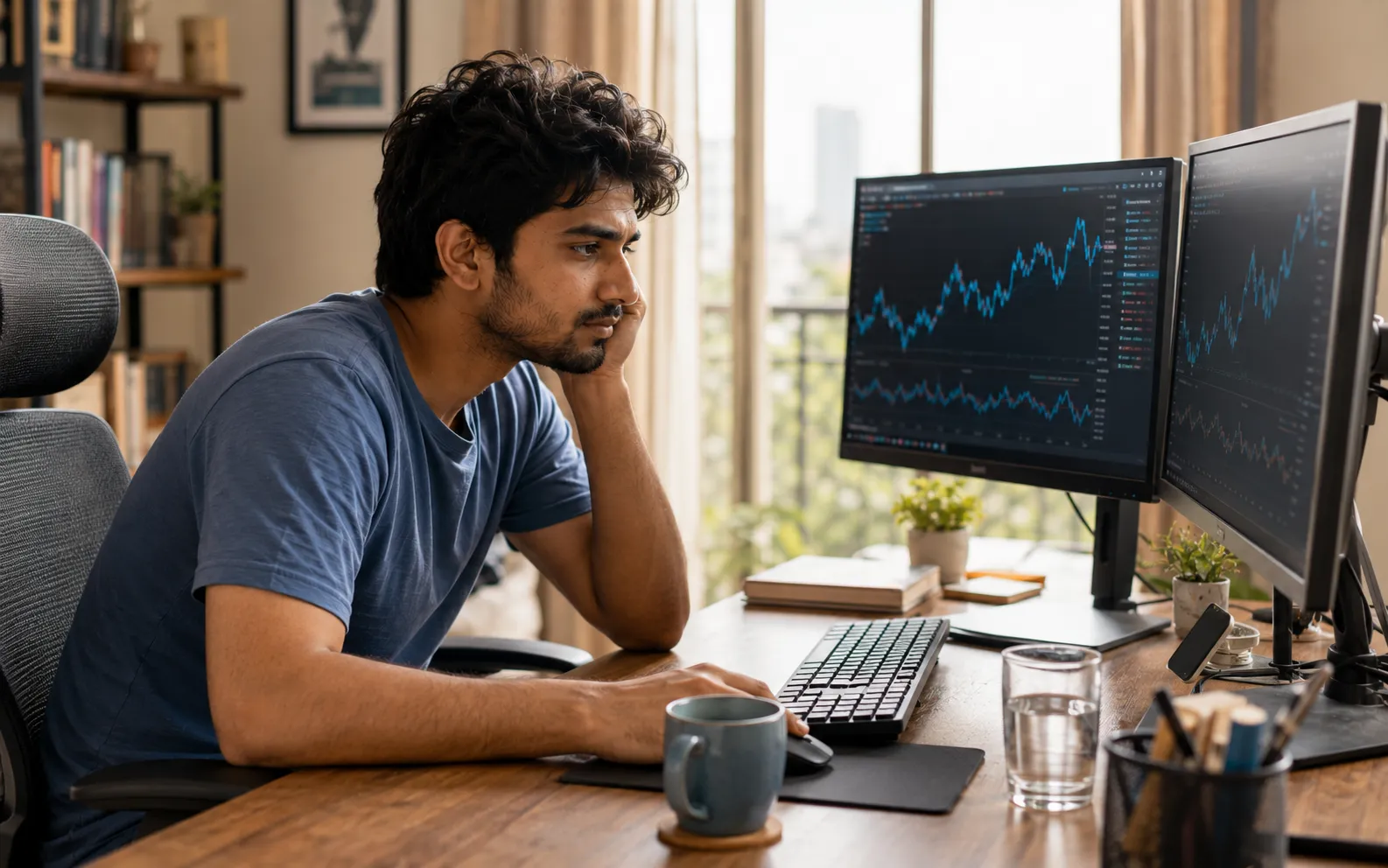 Ultrawide monitor of fast blue and white crypto candles with a coffee cup