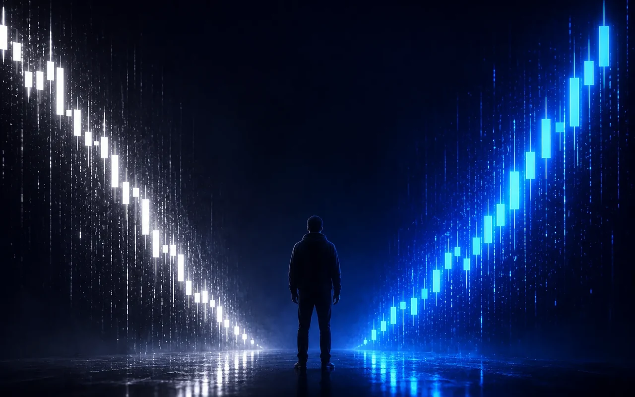 A lone trader between a white falling-candle wall and a blue rising-candle wall