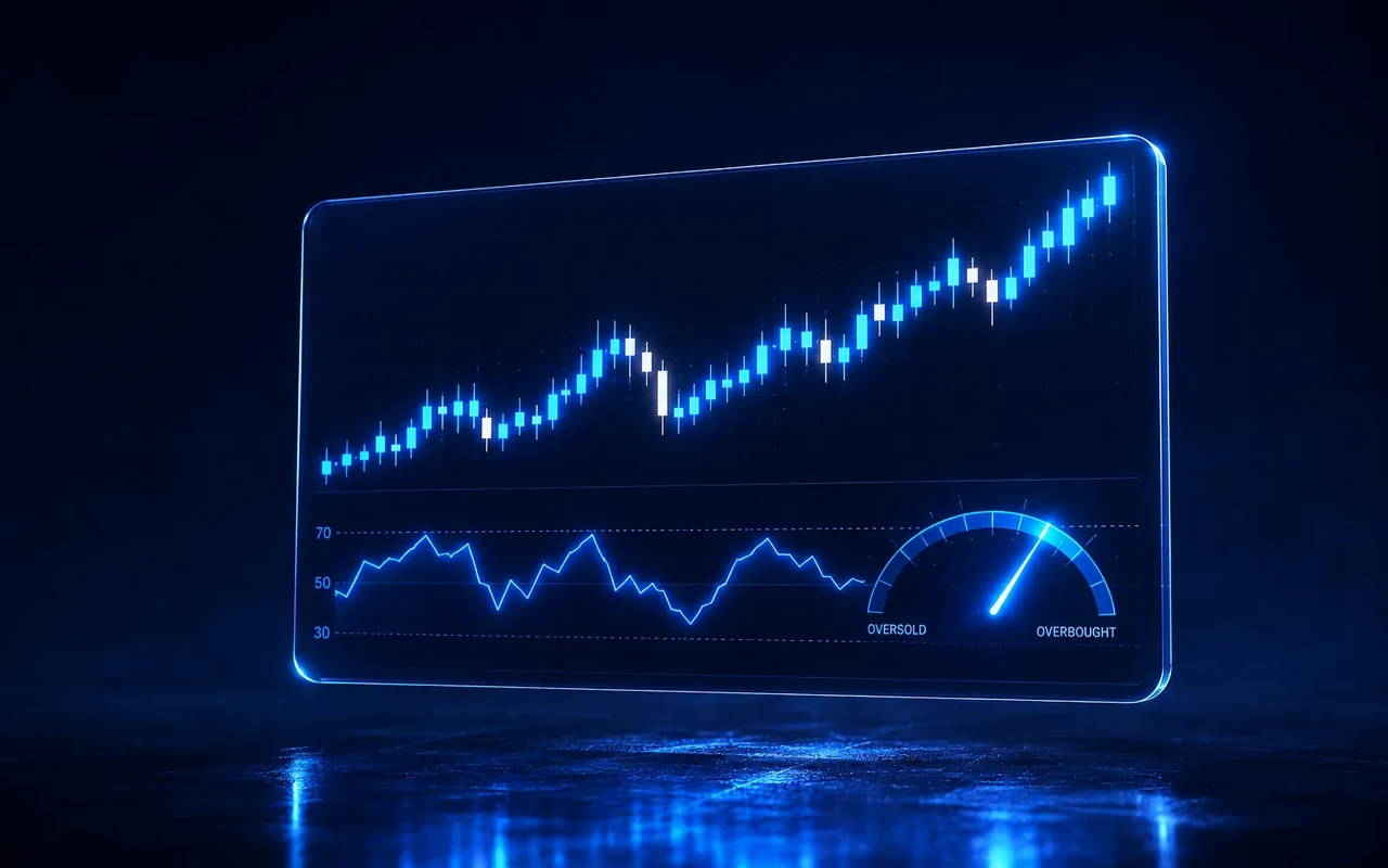 Glass panel showing a crypto chart with a glowing RSI gauge
