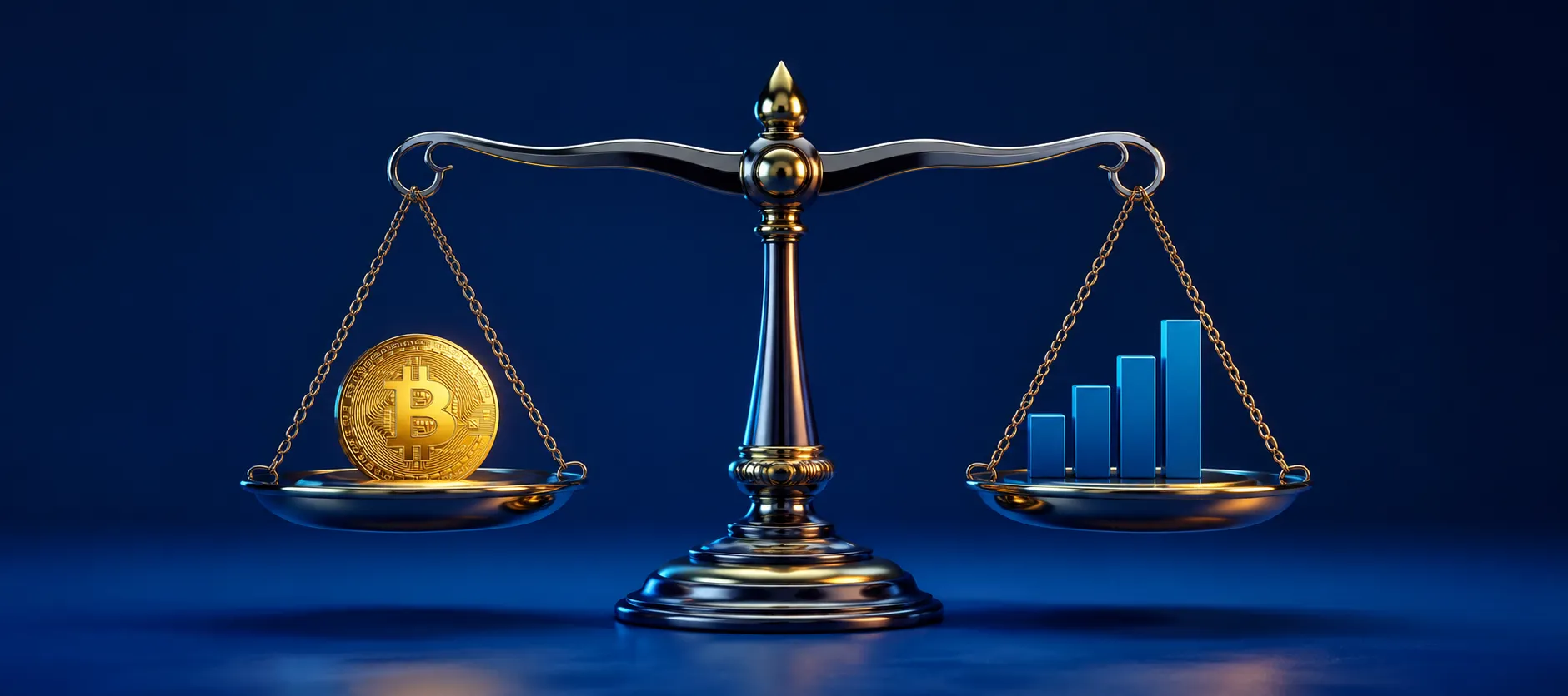A balance scale weighing a Bitcoin coin against a stack of mutual fund growth charts