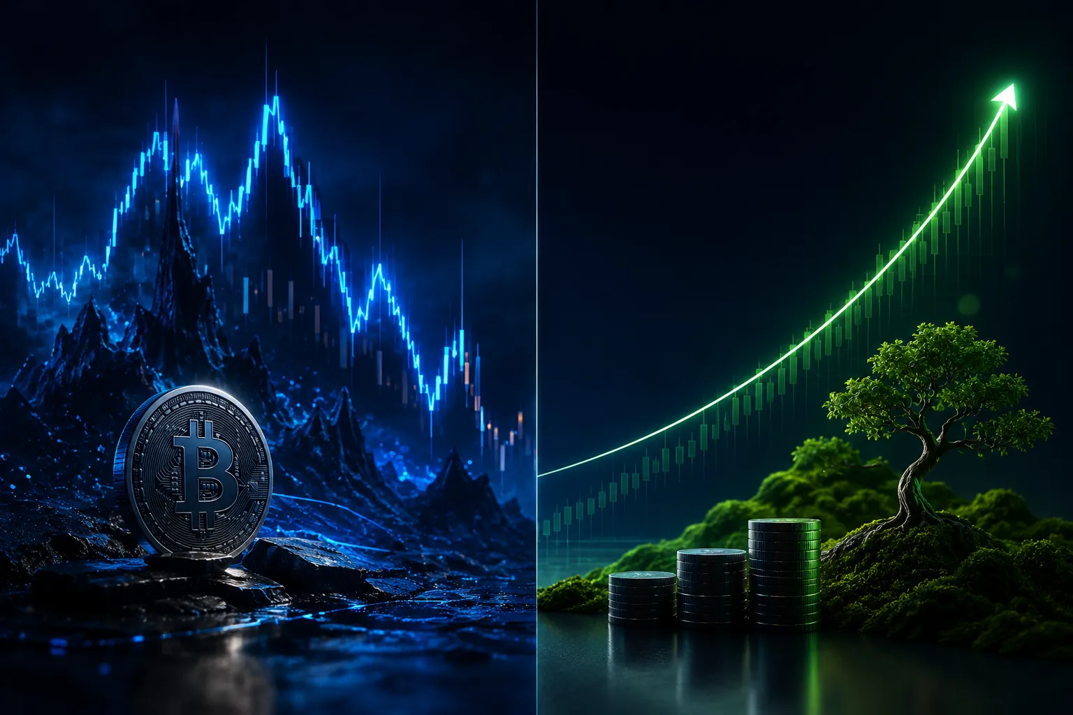 A split image contrasting a volatile crypto chart with a steady upward mutual fund SIP growth curve