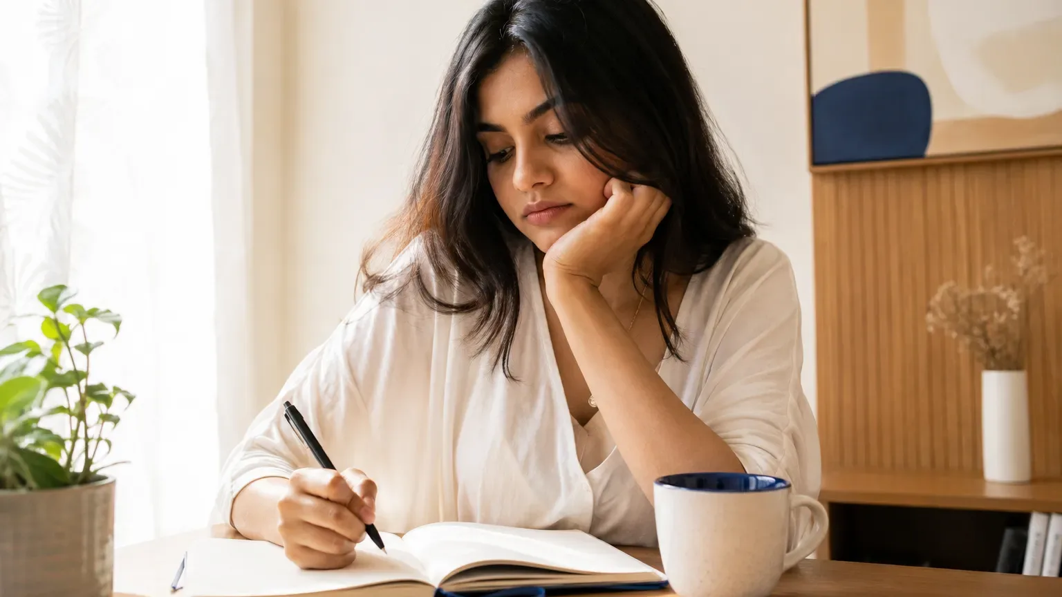 A quiet, calm scene of an Indian trader reviewing charts during a slow, low-volume accumulation phase