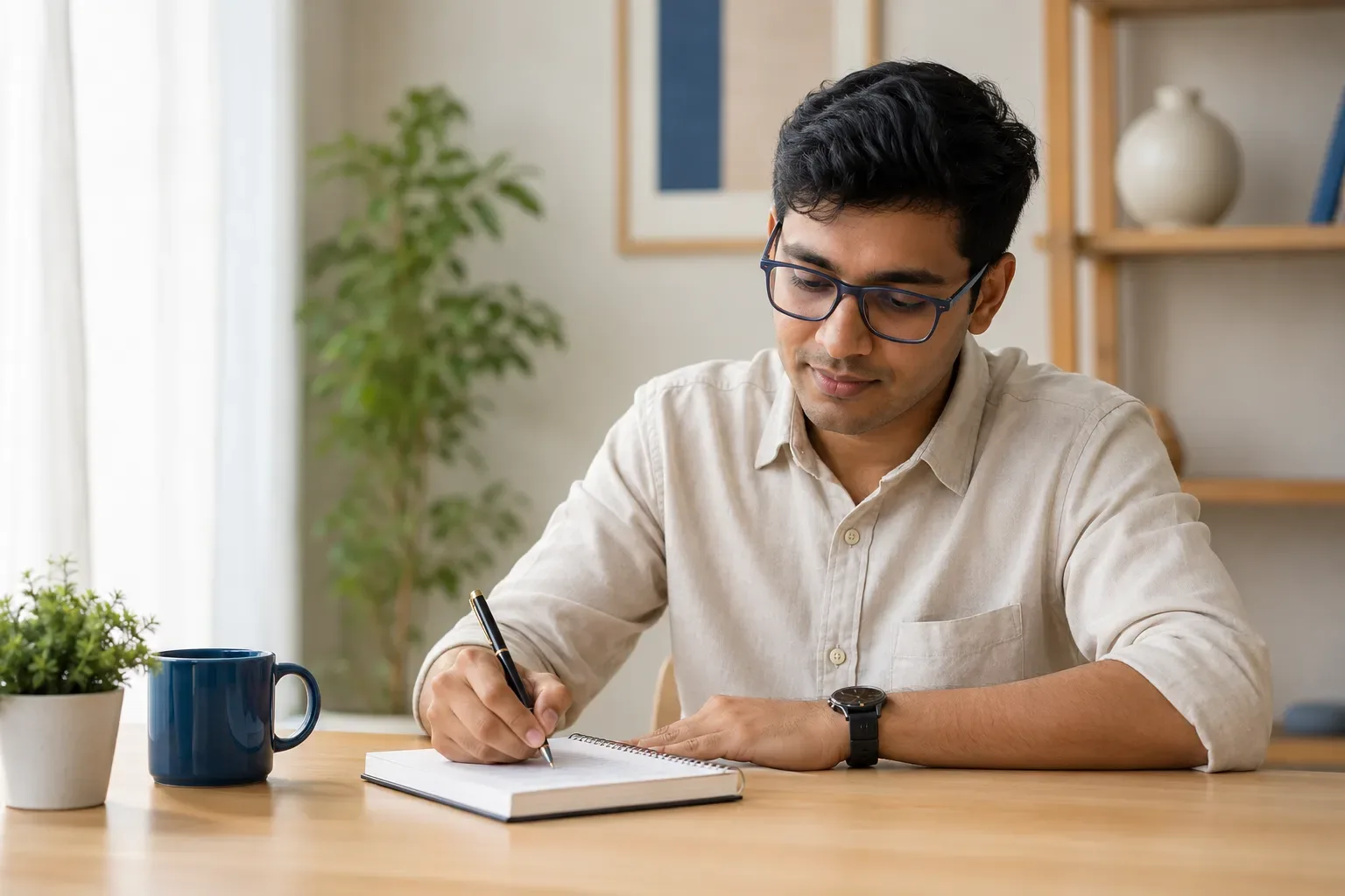 A composed Indian trader calmly reviewing a long-term chart and a written plan, undisturbed by short-term price swings