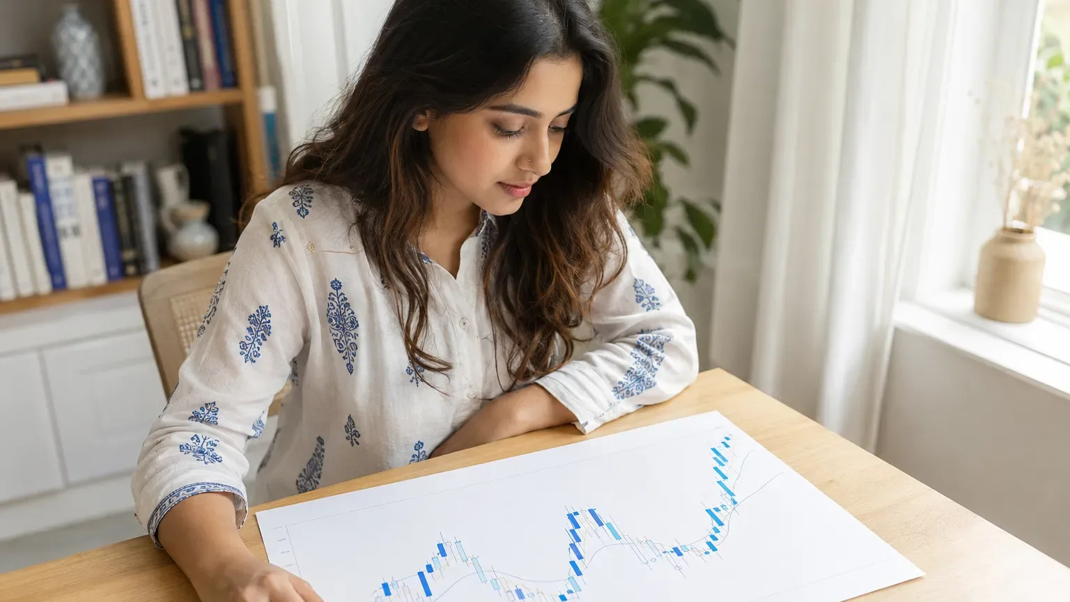 A wide, calm shot of an Indian trader looking at a crypto price chart that shows a long rising and falling wave pattern