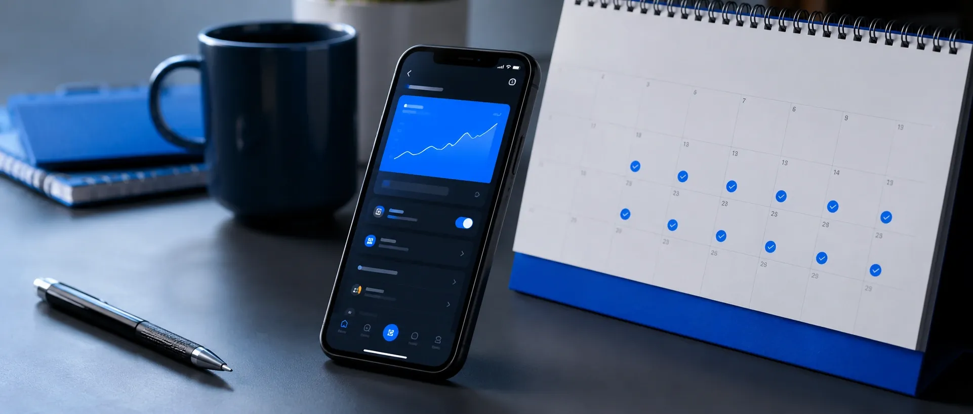 Calendar with recurring investment reminders beside a phone showing a crypto app