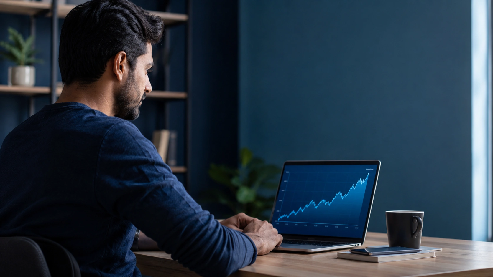 Calm Indian investor watching a steady upward crypto chart on a laptop