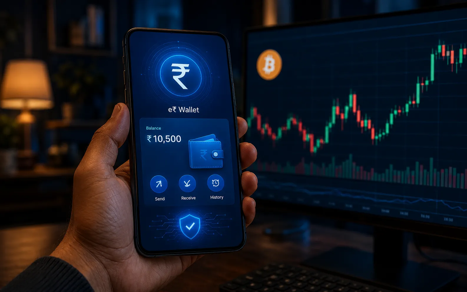 A premium photoreal close-up of an Indian smartphone showing a Digital Rupee wallet next to a separate screen showing a Bitcoin chart