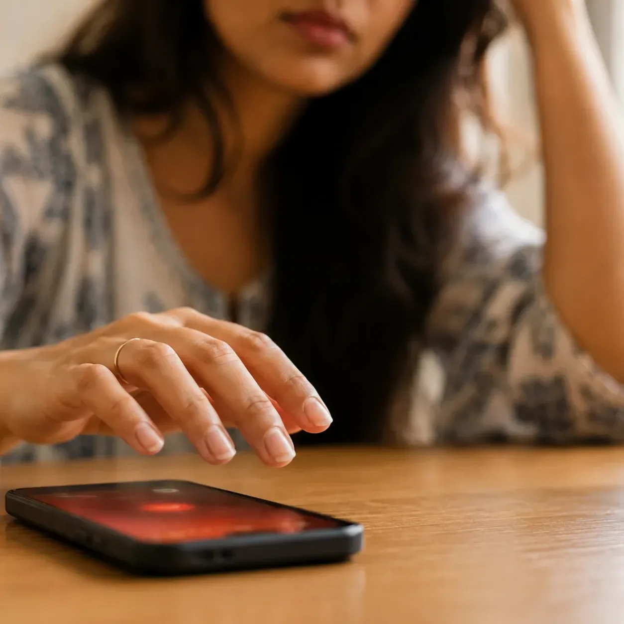 A worried trader's thumb hovering over a red sell button while a phone shows an extreme fear reading