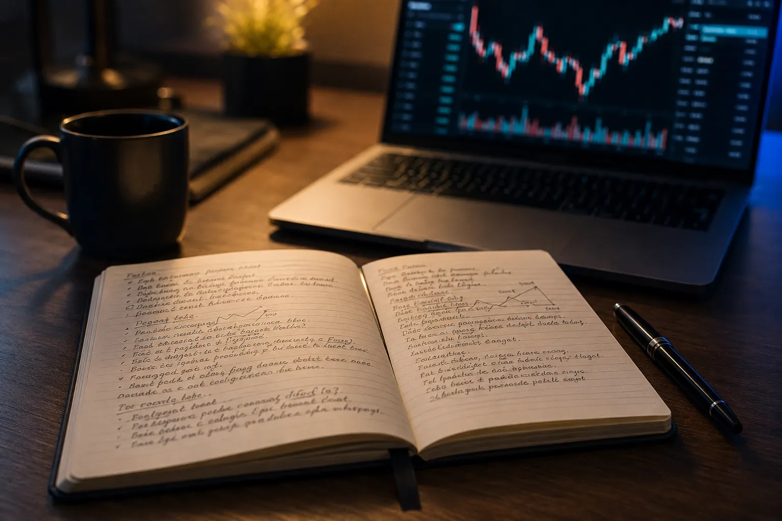 A neat physical trading journal open on a wooden desk with handwritten entries beside a laptop showing a clean crypto chart