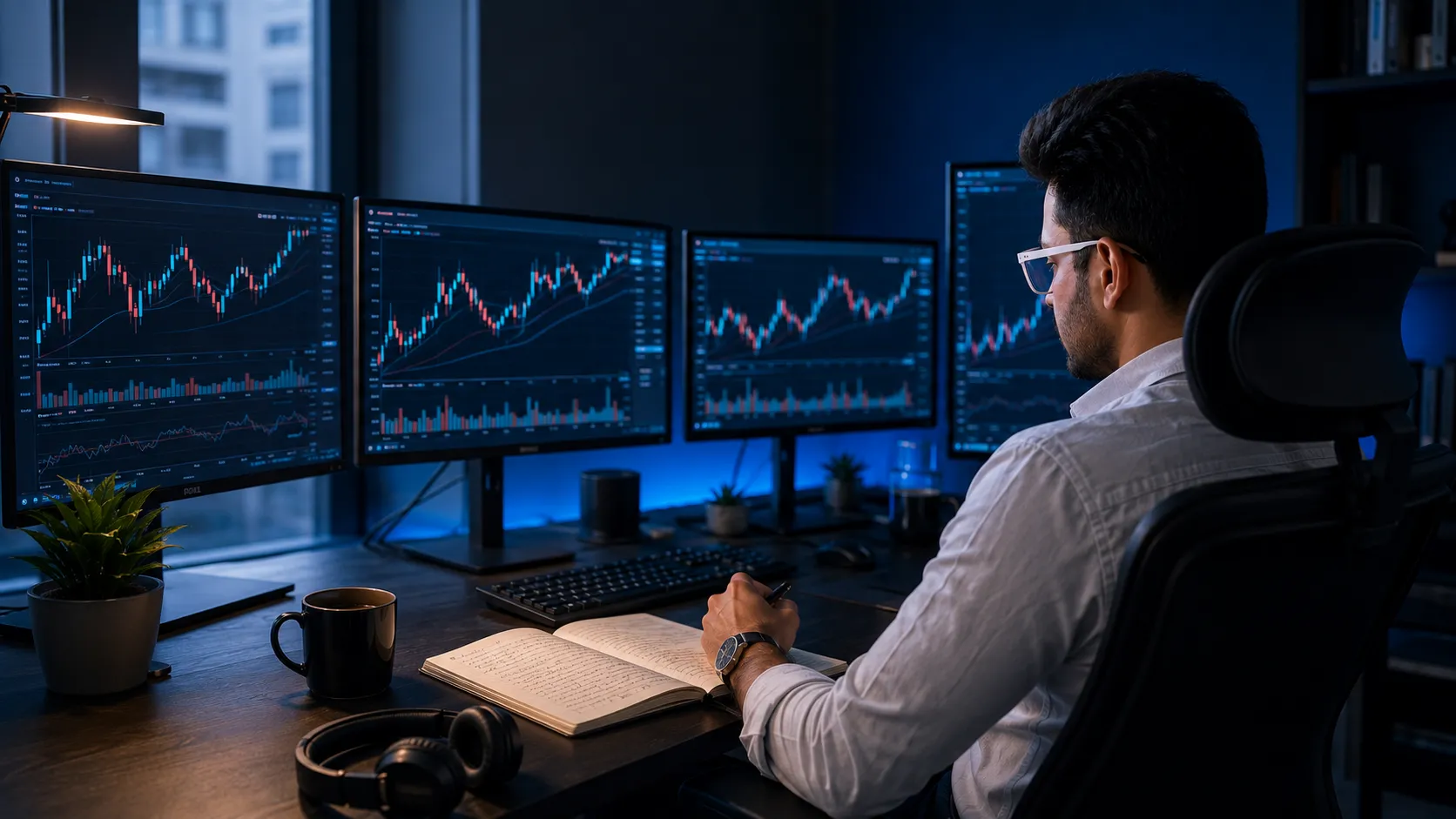 A focused Indian trader at a clean multi-monitor desk in the early morning, deep in concentration on multiple crypto charts