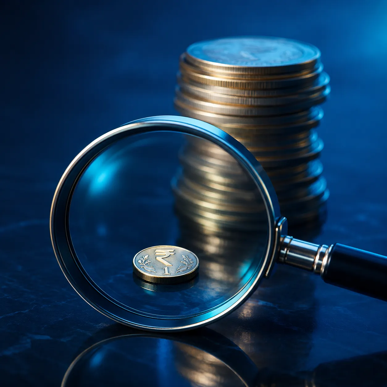 A magnifying glass over a single one rupee coin next to a stack representing total market cap