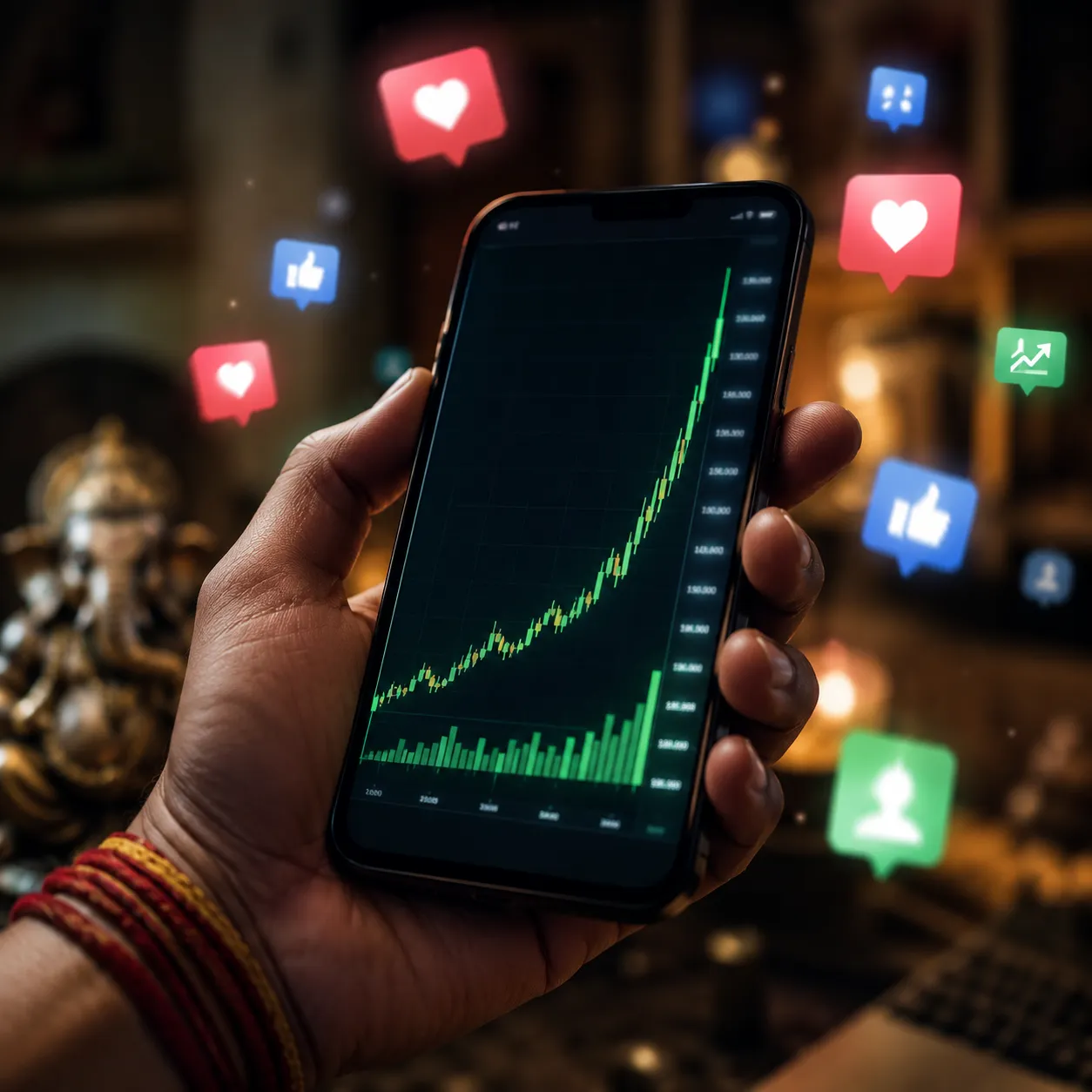 A smartphone showing a parabolic green crypto chart with social media notifications, representing FOMO